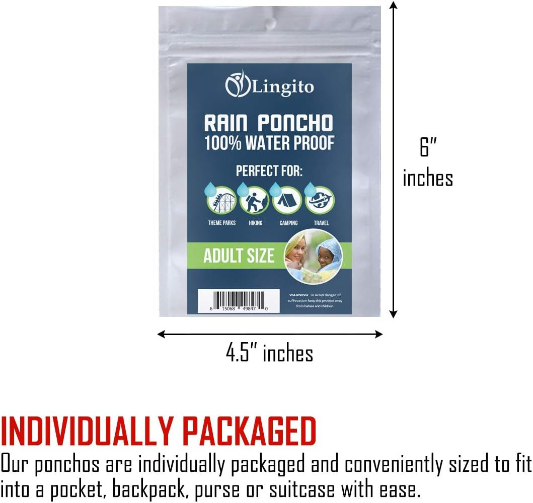 Rain Ponchos Family Pack - Emergency Drawstring Hood Poncho for Children & Adults Lightweight Reusable or Disposable