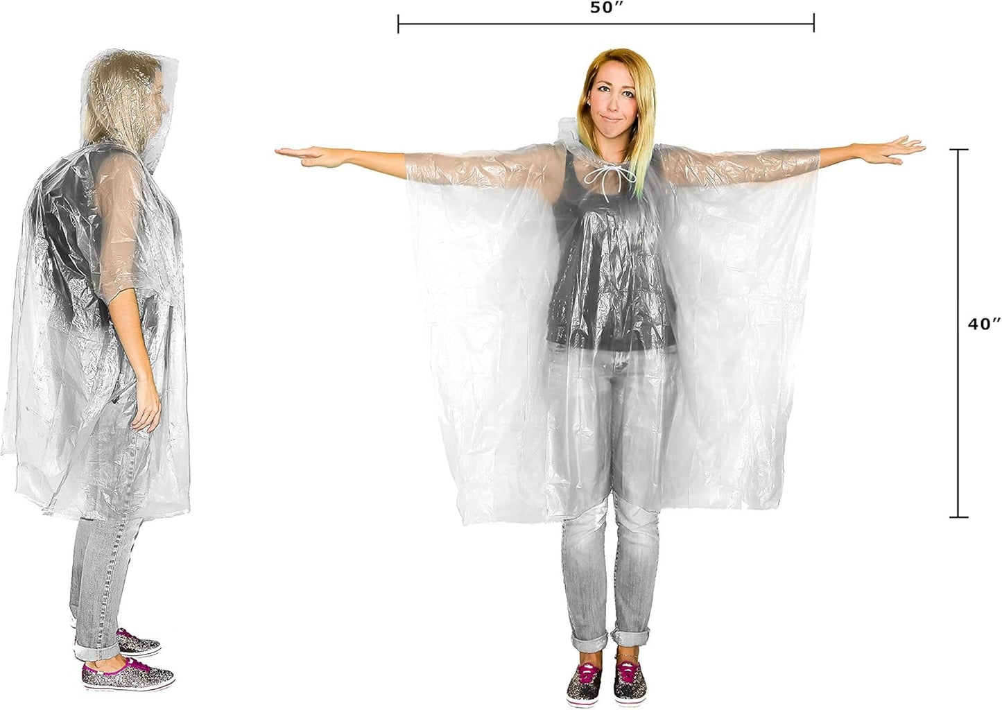 Rain Ponchos Family Pack - Emergency Drawstring Hood Poncho for Children & Adults Lightweight Reusable or Disposable