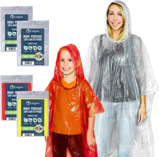 Rain Ponchos Family Pack - Emergency Drawstring Hood Poncho for Children & Adults Lightweight Reusable or Disposable