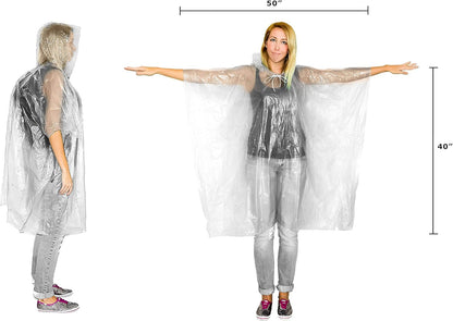 Rain Ponchos Family Pack - Emergency Drawstring Hood Poncho for Children & Adults Lightweight Reusable or Disposable